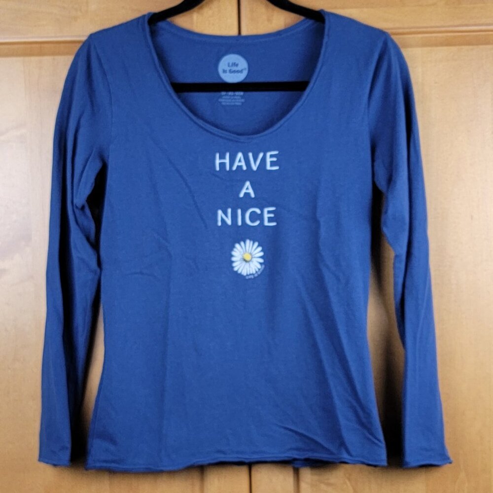 Life Is Good Navy Raw Hem Smooth Fitted Long Sleeve Tee Have a Nice Daisy - XS